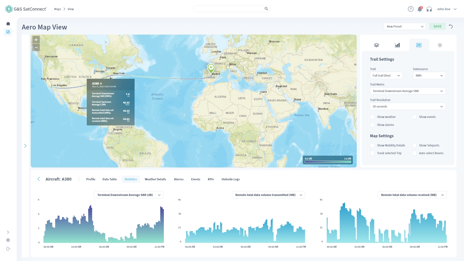 Aero Monitoring of a Gilat SkyEdge® network with G&S SatConnect®: Receive live updates of flight and vessel information via customizable dashboard and map views