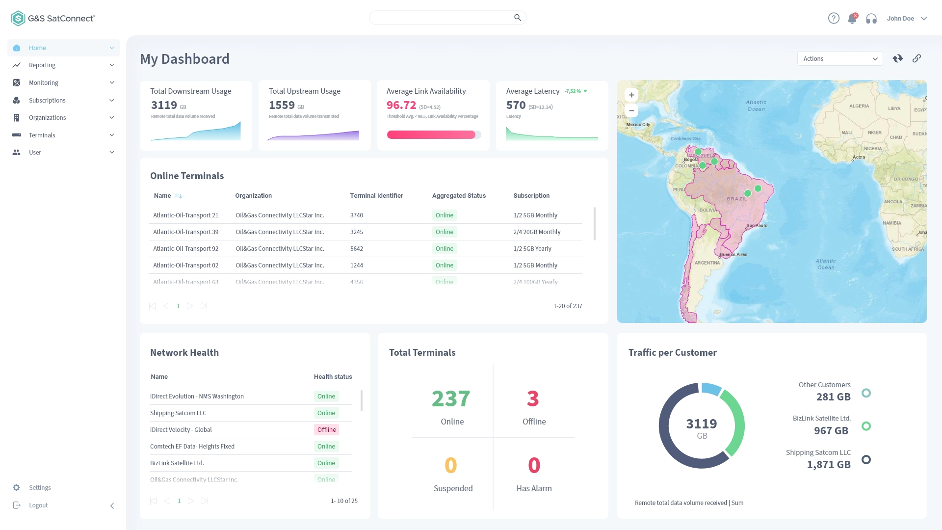 G&S SatConnect® provides customizable dashboards views for the Gilat SkyEdge® network: Our custom dashboard and map views provide a comprehensive overview of your KPI's